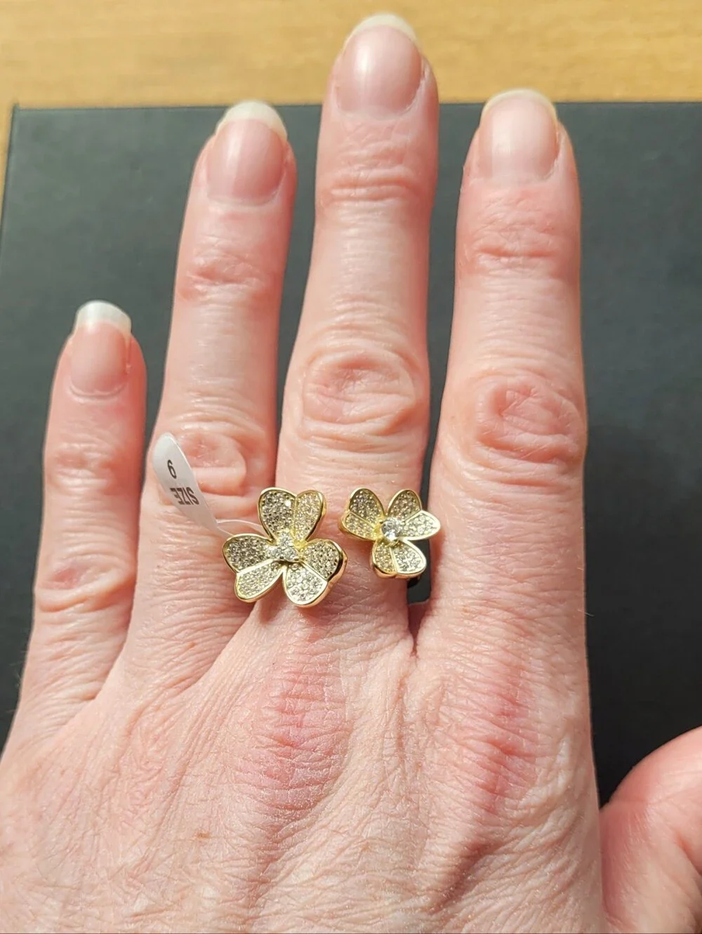 S925 Sterling Silver 18K Gold Plated Double Clover Flower Open Bypass Ring — CZ